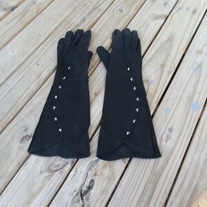 Women's Vintage Long Black Dress Gloves Pearls Sparkly Stones Size Small Glam